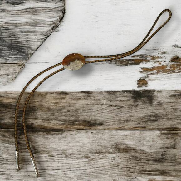 Natural Agate Western Bolo Tie Brown White stone Two Tone Braided Chord Cowboy